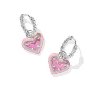 Ari Heart Silver Enamel Frame Huggie Earrings in Pink Iridescent Glitter Glass