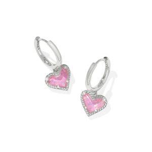 Ari Heart Silver Huggie Earrings in Pink Iridescent Glitter Glass