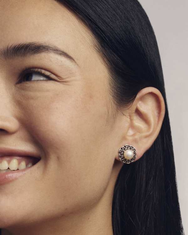 Gabriella Vintage Silver Pearl Stud Earrings - view 2