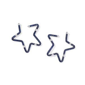 1.17 ct Lab Grown Blue Sapphire Star 14k White Gold Hoop Earrings