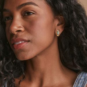 Ellie Vintage Gold Etch Frame Stud Earrings in Bronze Veined Turquoise Magnesite Red Oyster - view 2