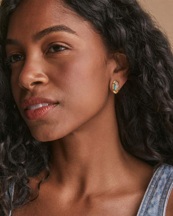 Ellie Vintage Gold Etch Frame Stud Earrings in Bronze Veined Turquoise Magnesite Red Oyster - view 2