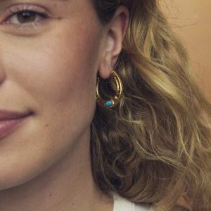 Noble Vintage Gold Horseshoe Hoop Earrings in Variegated Dark Teal Magnesite - view 2
