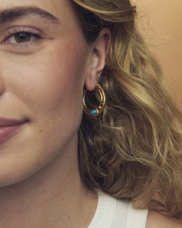 Noble Vintage Gold Horseshoe Hoop Earrings in Variegated Dark Teal Magnesite - view 2