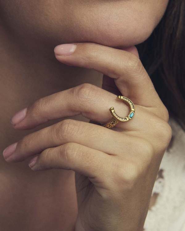 Noble Vintage Gold Horseshoe Cocktail Ring in Variegated Dark Teal Magnesite - view 2