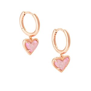 Ari Heart Rose Gold Huggie Earrings in Light Pink Drusy
