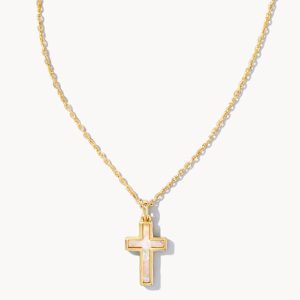 Cross Gold Pendant Necklace in White Lab Grown Opal