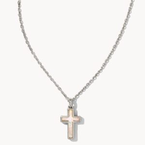 Cross Silver Pendant Necklace in White Lab Grown Opal
